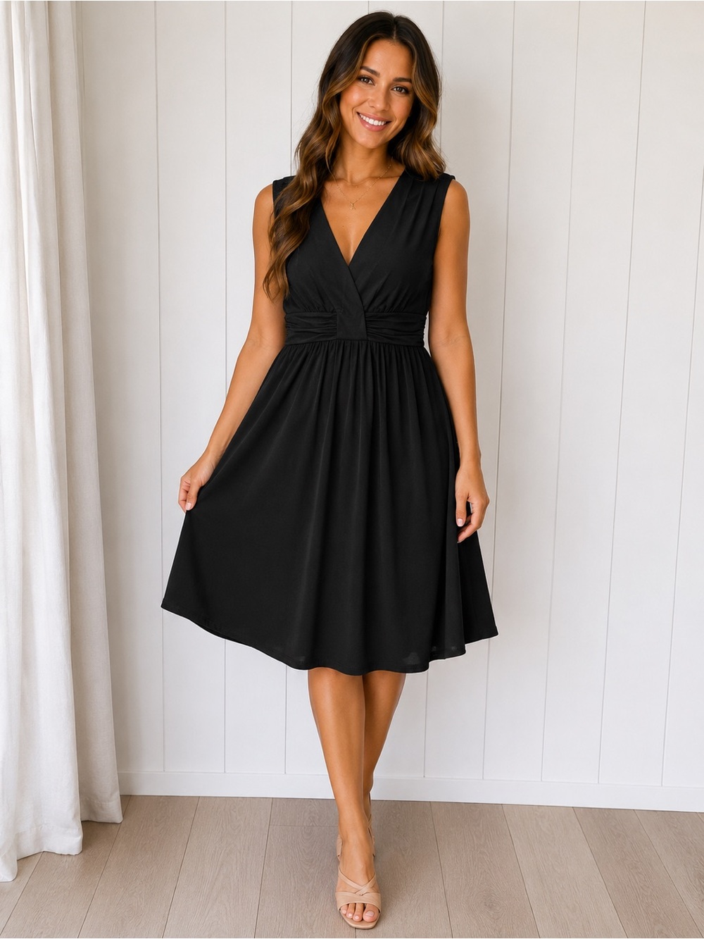 Ann Taylor Sleeveless V-Neck Midi Dress – Ruched Empire Waist Size 8P